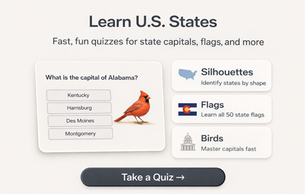 Quizler. Learn U.S. States the smart way. Flags, Captials, Abbreviations, Birds, Flowers.